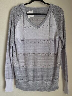 Boho Beach Hut Beachwear Hooded Pullover Sweater Size Large Gray White